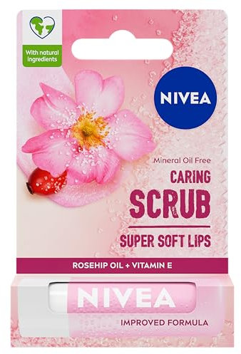 NIVEA 2in1 Caring Lip Scrub (4.8g), Lip Balm with Rosehip Oil and Vitamin E, Gently Exfoliates for Super Soft Lips, Intensive Lip Care, No Need to Wipe Off