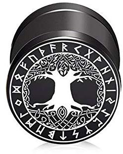 BlackAmazement 316L Edelstahl Fake Plug Ohrstecker Yggdrasil Baum des Lebens Kelten Wikinger Runen 10mm schwarz Herren Damen
