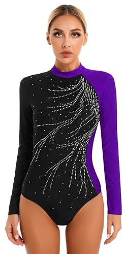 Doomiva Dam gymnastikdräkt långärmad dansbody glitter gymnastikdräkt balettdräkt konståkningsdräkt leotards strass konkurrens danskläder, violett, L