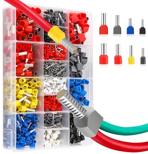 Juego de casquillos para extremos de cables de 0,5 mm²-16 mm², 1200 piezas de casquillos para extremos de cables gemelos aislados y juego de casquillos para extremos de cables de una sola línea