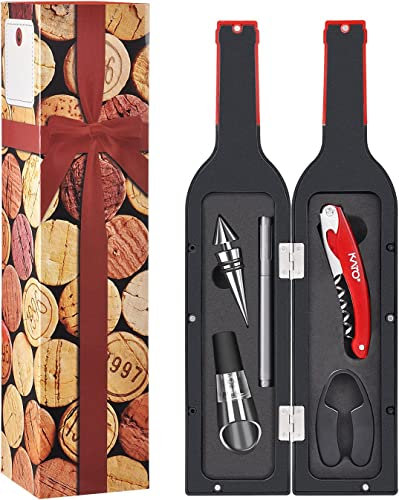Wine Opener Set, Wine Accessories Gift Set - 5 Pcs Deluxe Wine Bottle Corkscrew Kit Great Housewarming Wedding Birthday Gift for Men Women, Red/Black