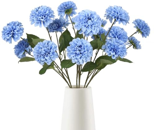 Fqueelvys 6 fiori artificiali di dalia blu con 3 teste a stelo lungo 73,7 cm, in finta seta, bouquet di dalie finte per matrimoni, casa, centrotavola, decorazioni per feste, composizioni floreali