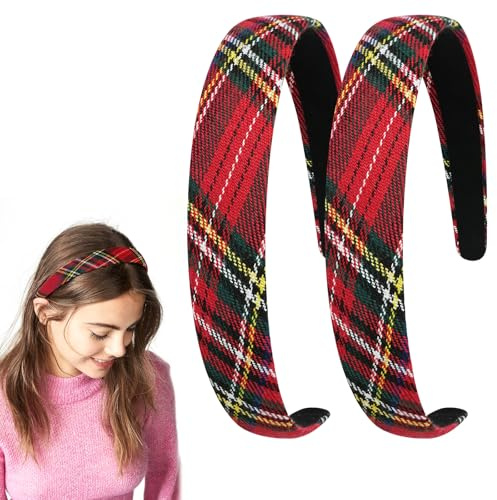 LOPHE Diadema A Cuadros para Mujeres Niñas, 2 pcs Diademas Rojo Intenso de Tartán, Diademas Anchas A Cuadros, Vintage Headband Accesorios para el Cabello, Decoraciones Cotidianas, Carnaval y Navidad