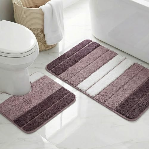 LUSCHEER 2 Piece Bath Mat Set, Non-Slip Microfiber Bathroom Rug | Bathroom Mat and Pedestal Rug Set, Water Absorbent Machine Washable for Bathroom Floor, Purple, 80x50cm and U-Shaped 50x40cm