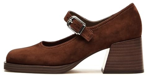 CEFISOP Mary Janes Heels for Women Retro Square Toe Platform Low Heel Chunky Loafer Pumps Vintage Dress Party Ballerina Shoes with Ankle Buckle Strap Suede Faux Leather Brown Size 8.5