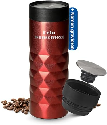 Thermobecher personalisiert 450 ml - auslaufsicherer Edelstahl to go Becher - hält mehrere Stunden heiß & kalt - Kaffeebecher to go mit Push-Deckel für Büro, Auto und Uni, Farbe:rot