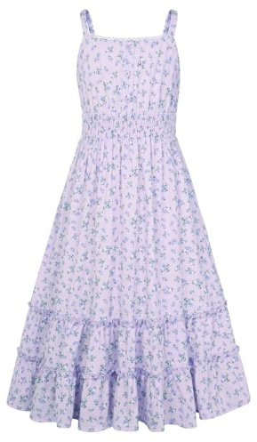 GRACE KARIN Vestido de manga corta para niña, con correa de espagueti, vestido de flores, línea A, vestido informal con elástico, floral, bohemio, playa, Flores moradas y blancas, 14 años