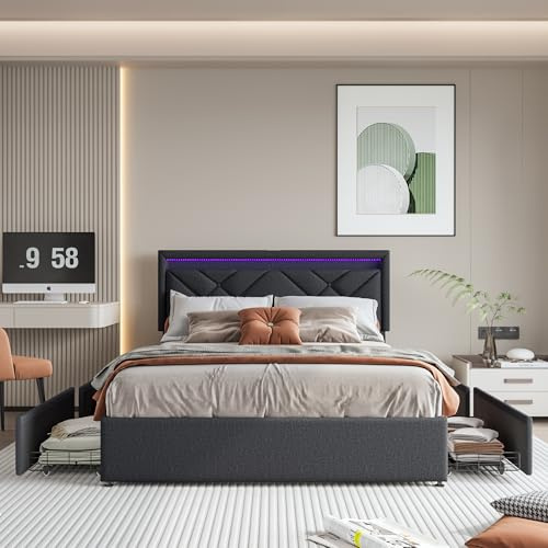 Lit Double 160x200 avec Sommier et LED, Cadre de Lit Rembourré avec 4 Tiroirs de Rangement, Tête de Lit Réglable au Design Ergonomique en Lin, Structure Robuste pour Adulte et Chambre à Coucher - Gris