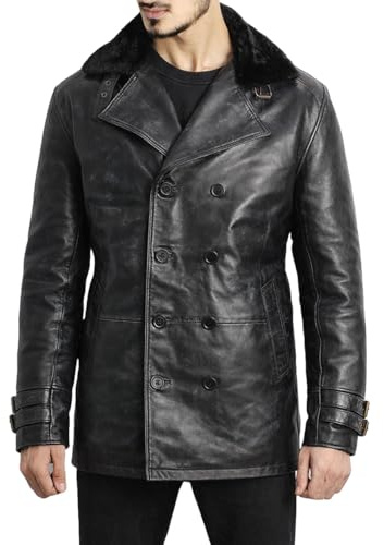 Asal Vision Leon Kennedy Jacket for Men – Black Fur Collar Distressed Sheep Leather Gaming Cosplay Coat (4XL)