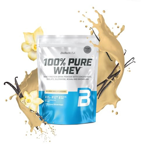 BioTechUSA 100% Pure Whey | Proteine in polvere con BCAA e glutammina | Senza glutine, senza olio di palma | 21g di proteine per porzione, 454 g, Vaniglia Bourbon