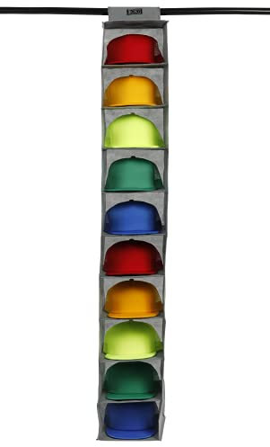 Boxy Concepts 10-Shelf Hanging Hat Organizer for Baseball Caps - Grey Contemporary Fabric - Space-Saving Baseball Cap Organizer & Closet Storage - Wall-Mount Hat Rack & Shoe Rack