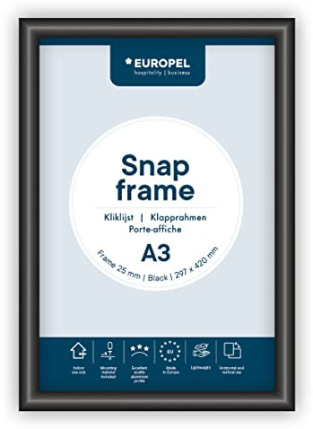 EUROPEL Snap Frame Black A3, 25 mm | Aluminium Anodised Construction & Anti-Glare Cover | Clip Poster Holders for Retail & Advertising Displays | Notice Sign Board Frame for Walls