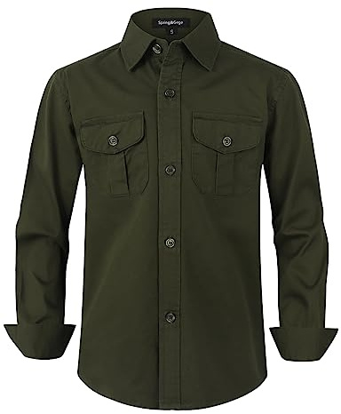 Spring&Gege Boys' Long Sleeve Button Down Shirts Cotton Woven Two Pockets Shirts for Kids