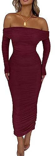 PRETTYGARDEN Women's Fall Off Shoulder Maxi Bodycon Dress Long Sleeve Ruched Fitted Club Dresses with Slit (Wine Red,Medium)