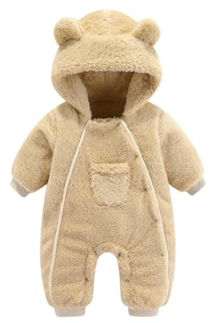 Älva baby luva snödräkt nyfödd baby varm sparkdräkt fleece snödräkt tecknad flanell dragkedja jumpsuit tunn höst vinterkläder, Tunn beige, 6-9 Months