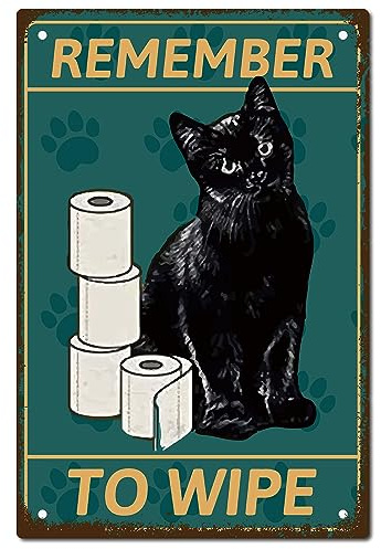 CREATCABIN Cartel de Hojalata de Gato Negro Cartel de Metal Vintage Póster RECUERDA LIMPIAR Placa de Pintura de Baño Retro Cartel de Hierro Decoración de Pared Arte Mural Colgante Señal de 30x20 cm