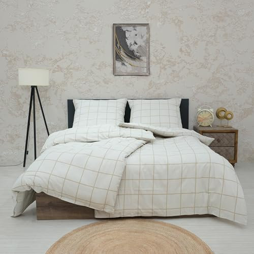 Vency Bettwäsche 135x200 4-Teilig Beige - Oeko-TEX 80% Baumwolle & 20% Polyester, 2X Bettbezug Reißverschluss + 2X Kissenbezug 80x80 Reißverschluss, Gridline Modell