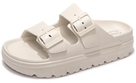 FUNKYMONKEY EVA Slides for Women Thick-sole Adjustable Double Buckle Waterproof Platform Sandals (8 M US, Beige/HDSPK)