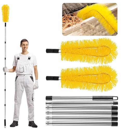 Duscdesp Dachrinnenreiniger mit Teleskopstiel, Dachrinnenbürste Teleskop Regenrinnen Reiniger, Dachrinnen Reinigung Teleskopbürste für Dachrinne Staub, Blättern, Schmutz, Verschüttungen (Gelb)