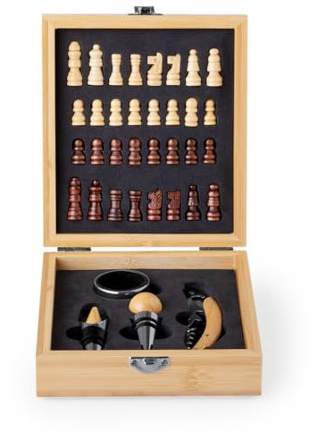 FOR ADVENTUR Coffret Échecs + Vin Bambou – Jeu d’Échecs 32 Pièces + Accessoires Vin (sacacorchos, décanteur, Bouchon, Coupe-Capsule, Goutte-Bec)