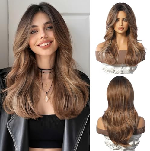 Esmee Perruque Marron Longue et Droite pour Femmes Perruque à Frange en Cheveux Synthétiques Layered pour Soirée Cosplay Quotidienne