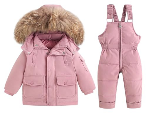 semen Unisex Baby Kids Two Pieces Ski Outfits Winter Warm Puffer Snowsuit Jacket Faux Fur Hoodie Outerwear Coat with Snow Down Bib Overalls Pants 1-5 Years