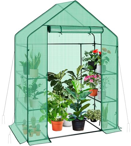AMHANCIBLE Gewächshaus, Foliengewächshaus mit 3 Regale, Tomatengewächshaus, 140x70x195cm, Gewächshaus Balkon mit PE Gitterfolie für Tomaten & Pflanzen, Grün EGWH13GR