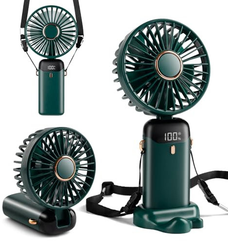 Ventilateur de Poche Mini, Rechargeable par Type-C, Ventilateur avec Batterie 4000mAh et Affichage Numérique, Pliable à 90°, Ventilateur Personnel 3 en 1 Main/Cou/Bureau, Ventilate (Vert Foncé)