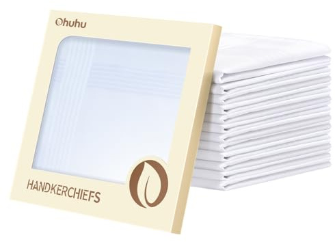 Ohuhu Mens Handkerchiefs, Hankies Mens Cotton 100% Soft Cotton Machine Wash, Men's Handkerchiefs White Pocket Square for Weddings Prom Celebration, Gift for Men