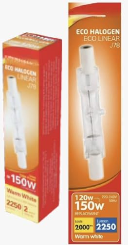 DECK INN ® Pack of 2 Lighting 120W = 150W Eco Eveready Branded Halogen R7s Energy Saving Linear Halogen Floodlight Security Light Bulbs J78, 78mm Length, 2250 Lumen