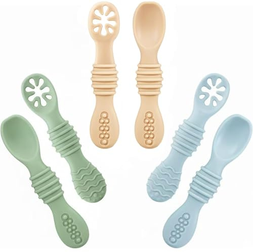 PandaEar Silikon Babylöffel Lernlöffel blw Löffel, 6 Stück Weich Esslernlöffel Baby Löffel Brei ab 4 6 Monaten zum Selber Essen, BPA frei Breilöffel Baby Spoon Self Feeding, Blau Grün Beige