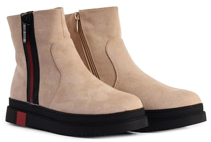 Women’s Ankle Boots | Faux Suede Zip-Up Flat Boots with Chunky Sole – Everyday Casual Footwear (Beige, UK4)