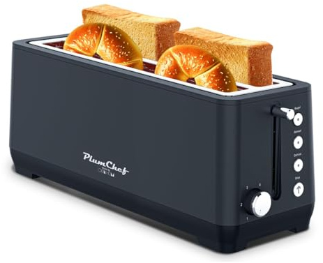 Plum chef 4-Slice Toaster, Extra Wide Long Slot Toaster, 6 Browning Settings, Bagel/Defrost/Reheat Functions, Removable Crumb Tray, Stainless Steel Housing 1350W (Black)