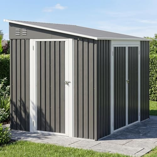 Casetta per attrezzi in metallo, 6 x 8 piedi (1,8 x 2,4 m), grande casetta da giardino con doppie porte, serratura e pavimento, capanno resistente alle intemperie per biciclette, tosaerba, moto e