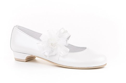Zapatos de niña Fabricados en Piel para comunión con tacón. Calzado de niña Hecho a Mano - MiPequeña Modelo 997v Color Blanco.