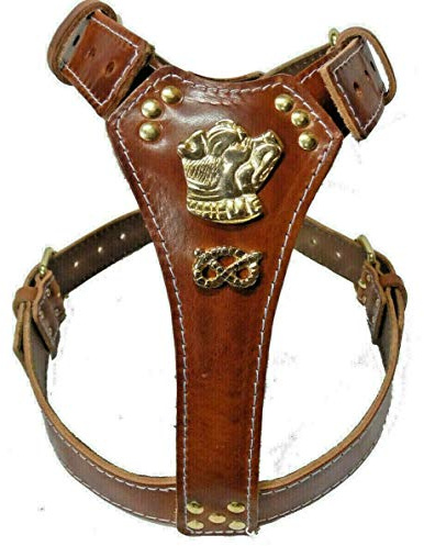 Leather Dog Harness Hermoso marrón tostado grande con diseño de cabeza de Staffordshire Bullterrier y nudo