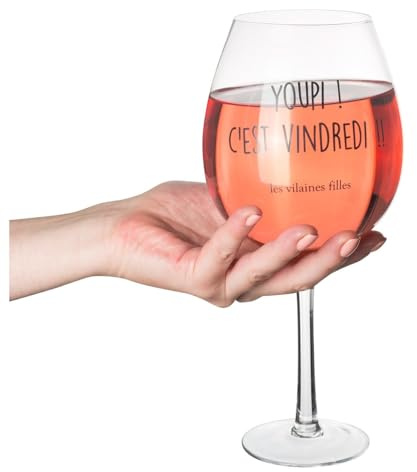 Les Vilaines Filles LA Chaise Longue - Verre à Vin 75 cl Youpi C'est Vindredi - Verre Transparent - Usage Festif, Design Humoristique - Taille 12.5 x 26 x 12.5 cm - Contenance 75 cl - Poids 230 g