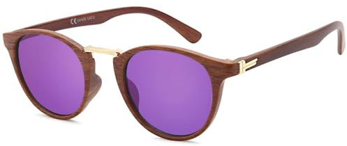 styleBREAKER Gafas de sol para mujer con diseño de madera, lentes redondos, puente de metal y montura de plástico de borde completo 09020083, Montura marrón-dorado/vidrio púrpura reflejado
