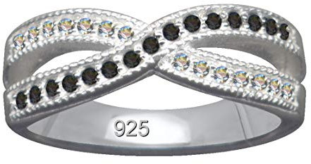 FINGERRING oändlig/äkta silver 925 med zirkonia/art deco design/stenfärg: klar vit svart/modern cool trendig hip/onlinebutik smycke/59024, Sterling silver 925, zirkoniumkristaller, zirkoniumkristall
