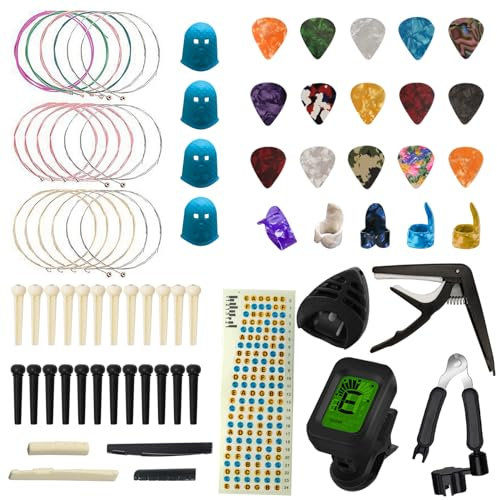 TTCR-II Gitarrenzubehör, 75 Pcs Gitarren Zubehör Set mit Gitarrenstimmgerät, Capo Gitarre,15 Gitarre Plektrum,3 Set Gitarrensaiten Akustikgitarre,5 Fingerpicks,4 Fingerkuppenschutz, Gitarren Aufkleber