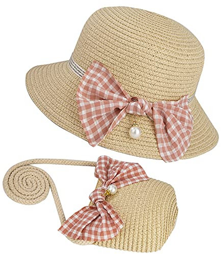 MengH-SHOP Chapeaux de Paille Filles et Petit Sac Ensemble avec Décoration Bowknot Chapeau de Soleil d'été Enfant pour Plage Voyage Randonée (Beige)