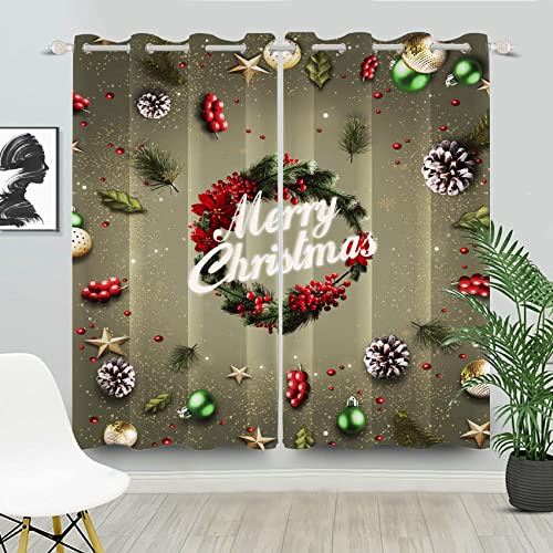 DORCEV Merry Christmas Curtains Xmas Jingle Bells Red Berries Garland Wreath Window Curtains Glitter Cypress Conifer Fir Leaves Window Drapes Living Room Bedroom Kitchen Decor,42x84 inch,2 Panels