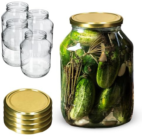 KADAX Glass Jars 2.5 L, Round Preserve Storage Jars with Wide Mouth, Large Preserving Jars for Fermenting, Pickling Cucumbers (Set of 4, Gold Lids)