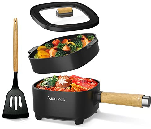 Audecook Elektrischer Hot Pot mit Dampfgarer, 2L/20cm Antihaft Elektropfanne mit Keramikglasur, Tragbarer Multikocher für Ramen, Steak, Ei, Haferflocken, Suppe, 350W/800W (D(SCHWARZ,MIT DAMPFGARER))