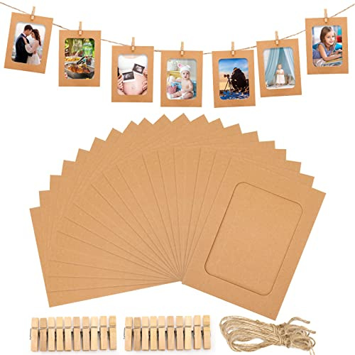 jijAcraft 20Pcs Paper Photo Frames, 4.5 x 6 Paper Picture Frame With Wooden Clips and String, DIY Creative Hanging Photo Frames Kit for Home Office Restaurant Wall Decor