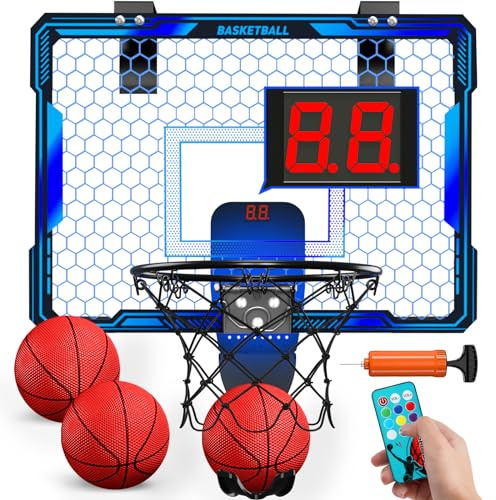 HYES Remote Control Basketball Hoop Indoor with 7 LED Lighting, Mini Basketball Hoop with Electronic Scoreboard, 3 Modes, Over Door Basketball Hoop, Basketball Toys Sport Gifts for Kids, Adults (Blue)
