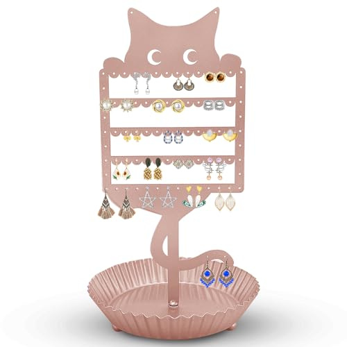 WOXBITA Earring Holder Hanging Organizer Stand Jewelry Rack Metal Cute Cat Tree Shelf Room Decor Table Ear Stud Holder Display Tower with Ring Storage Tray for Teens Girls Kids Cat Lovers (Pink)