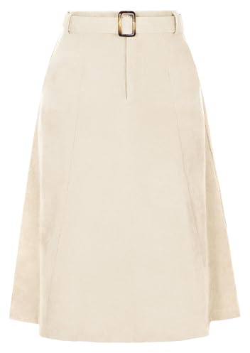 Allegra K Falda de pana con cintura alta y espalda elástica para mujer, acampanada, cinturón y bolsillos, beige, XL