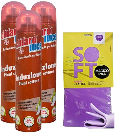 3x Chiaro Luce Detergente Specifico per Piano Cottura a Induzione e Vetroceramica, Efficace Contro lo Sporco, Non graffia e Lascia la Superficie Brillante e Protetta + OMAGGIO 1 Panno Magic in Lattice