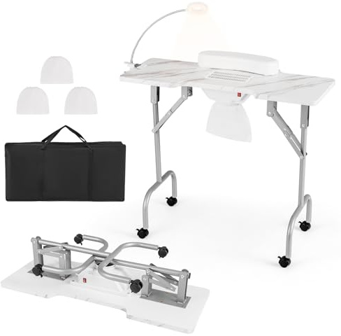 COSTWAY manikyrbord, vikbart, nagelbord med elektrisk dammuppsamlare, LED-lampa, handledsstöd och hjul, manikyrbord marmorutseende, inkl. bärväska (vit)